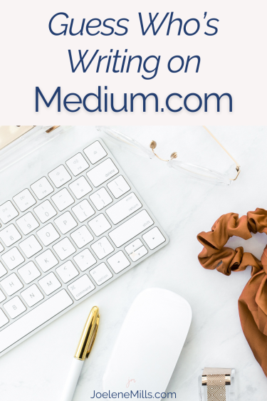 a keyboard, mouse, pen and hair scruhchie on a des with the words "Guess who's writing on Medium.com" above