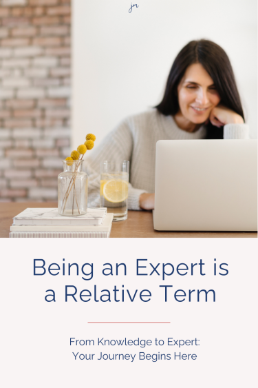woman working with a client on her desk. with the words "Being an expert is a relative term" and "From knowledgw to Expert, Your Journey Begins Here"