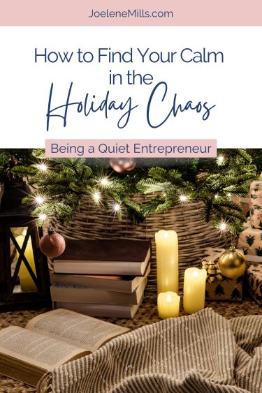 A cozy spot under the christms tree with a blanket, book and candles with the words "how to find your calm in the holiday chaos" written above