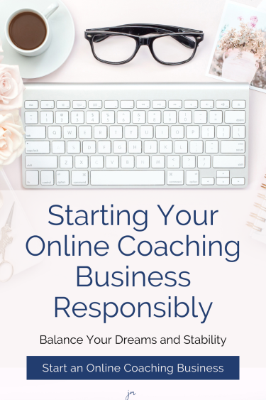 keyboard, glasses, and coffee on a pink desk with the words starting your online coaching business responsibily
