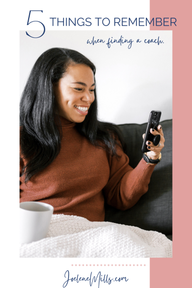 Woman sitting and drinking tea while she facetimes her coach on her phone, with the words "Five things to remember when finding a coach" 