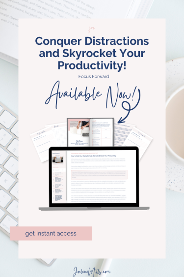 a mock up of my focus forward course with the words conquer distractions and skyrocket your productivity: Focus Forward Available now
