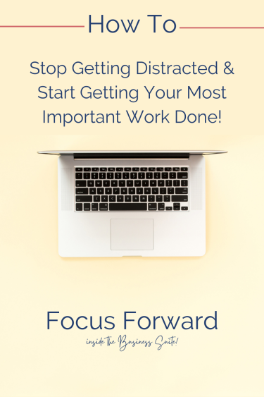 A laptop on yellow background with the words how to stop getting distracted and start getting yur most imporant work done.