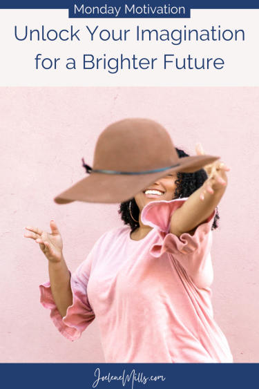 woman tossing her hat with joy and the words unlock your imagintation for a brigher futuer written above