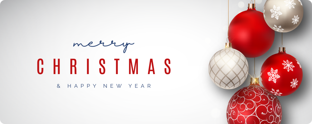 Merry Christmas and Happy New Year graphic with red ornaments.