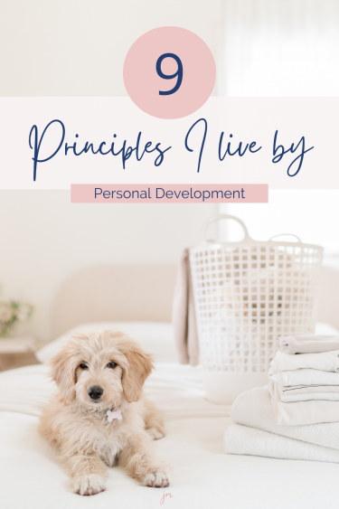cute puppy sitting on a bed - 9 princpels I live by written over top
