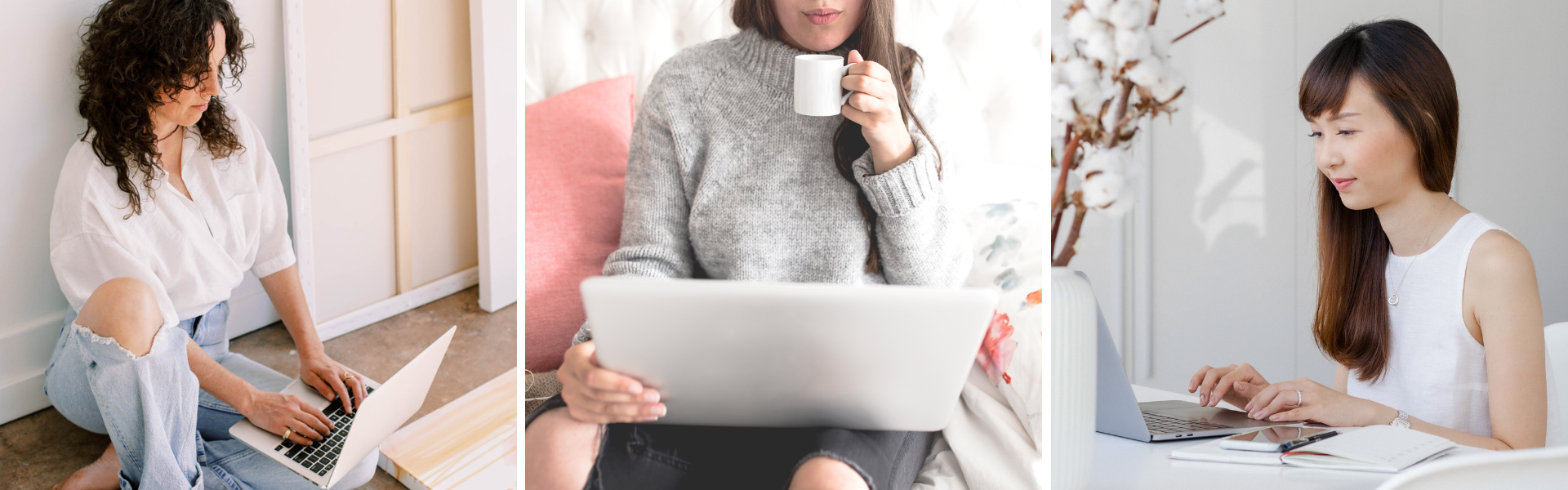 Three women working quietly at a table on blog content.