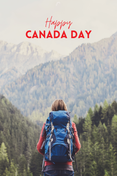 woman hiking in canadian mountains with the words "Happy Canada Day"