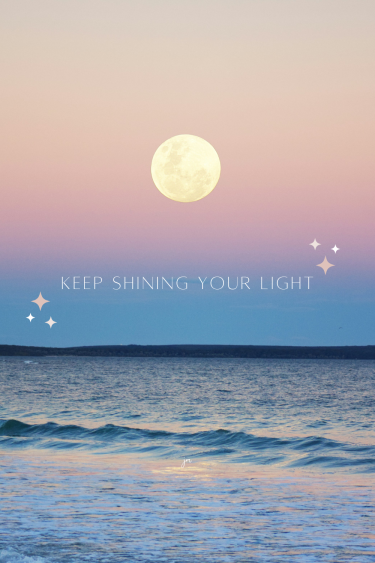 Full moon over a setting ocean view with the words keep shining your light