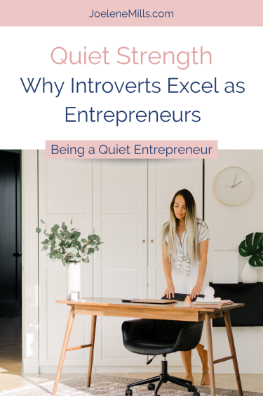 Business Woman about to sit down at her home office desk with the words "Quiet Strength: Why introverts excel as entrepreneurs" and "tips and tools" overlayed